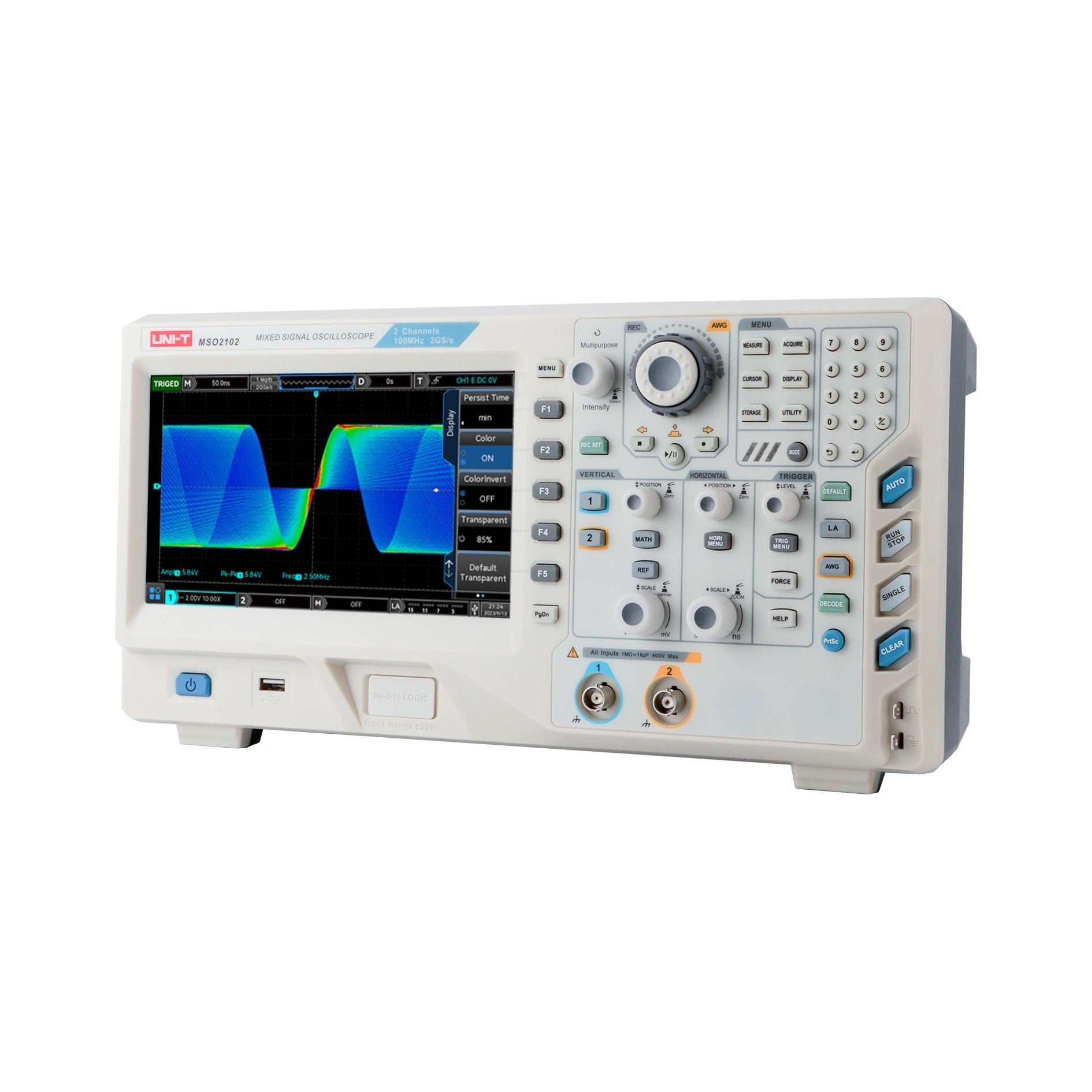 Uni-T MSO2102 100MHz 2+16Ch MSO Isometric Image