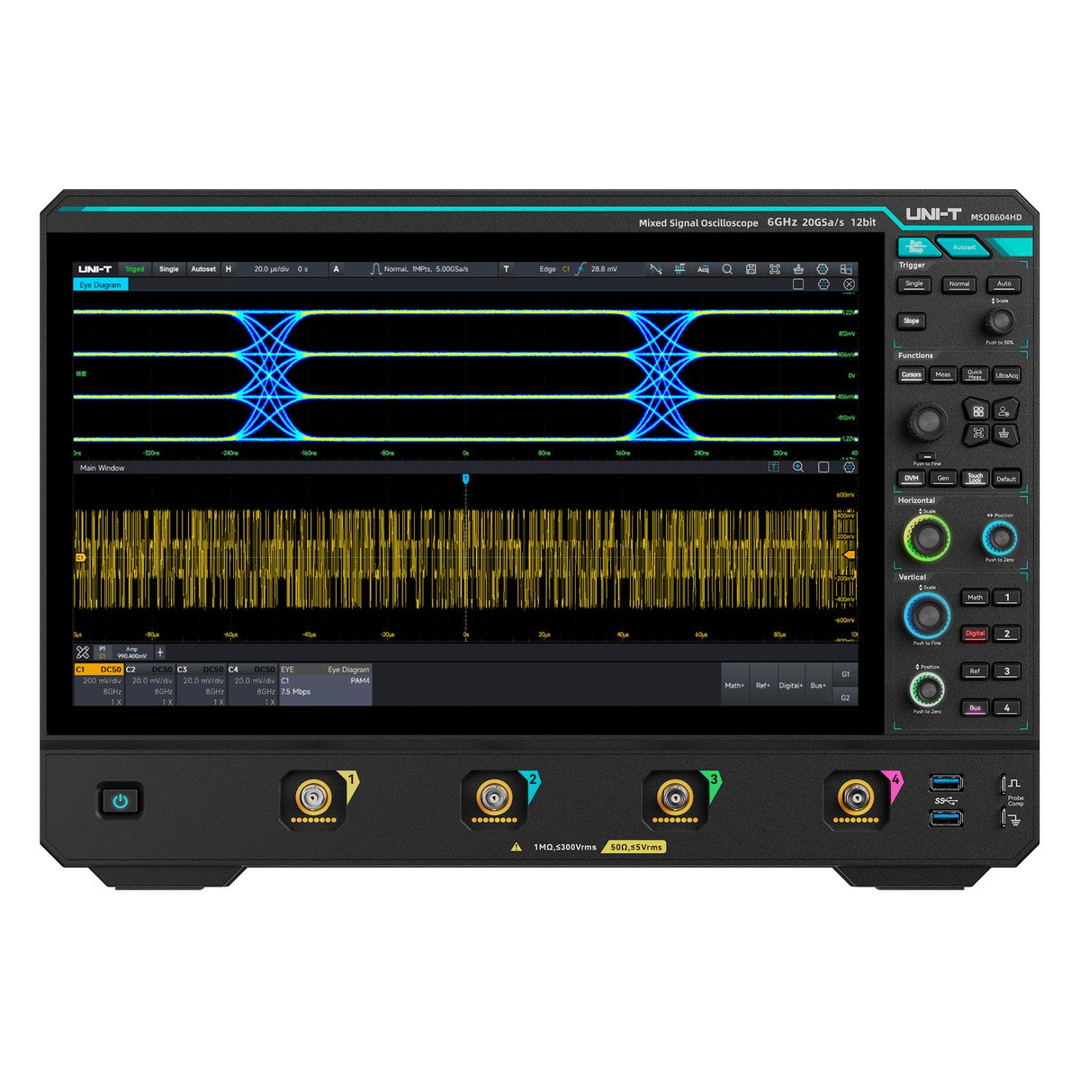Uni-T MSO8504HD Lab-Grade 5 GHz 4Ch 12-Bit Mixed Signal Oscilloscope front view