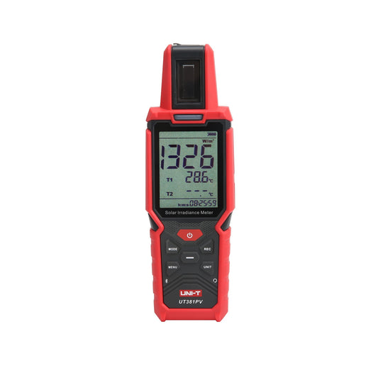 UNI-T UT381PV Solar Irradiance Meter front view, irradiance and dual temperature display